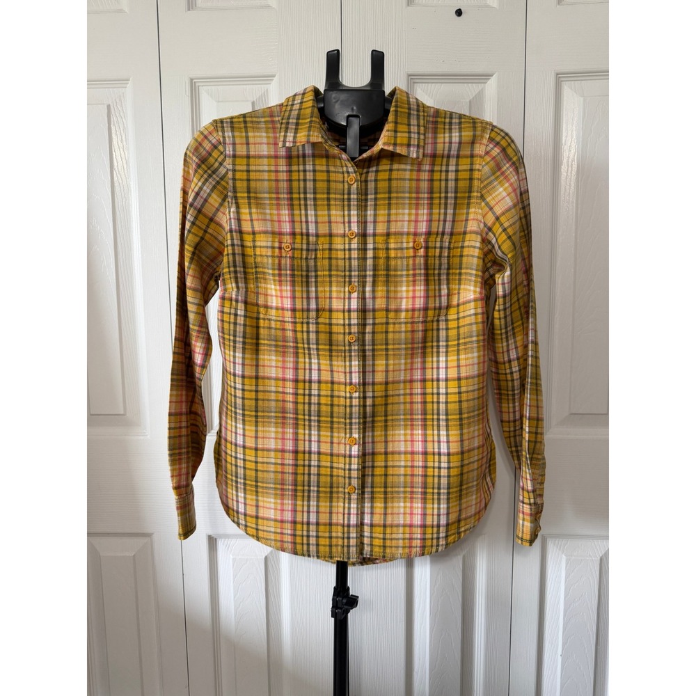 St Johns Bay Womens Small Yellow Pink Plaid Cotton Button Down Shirt Long Sleeve